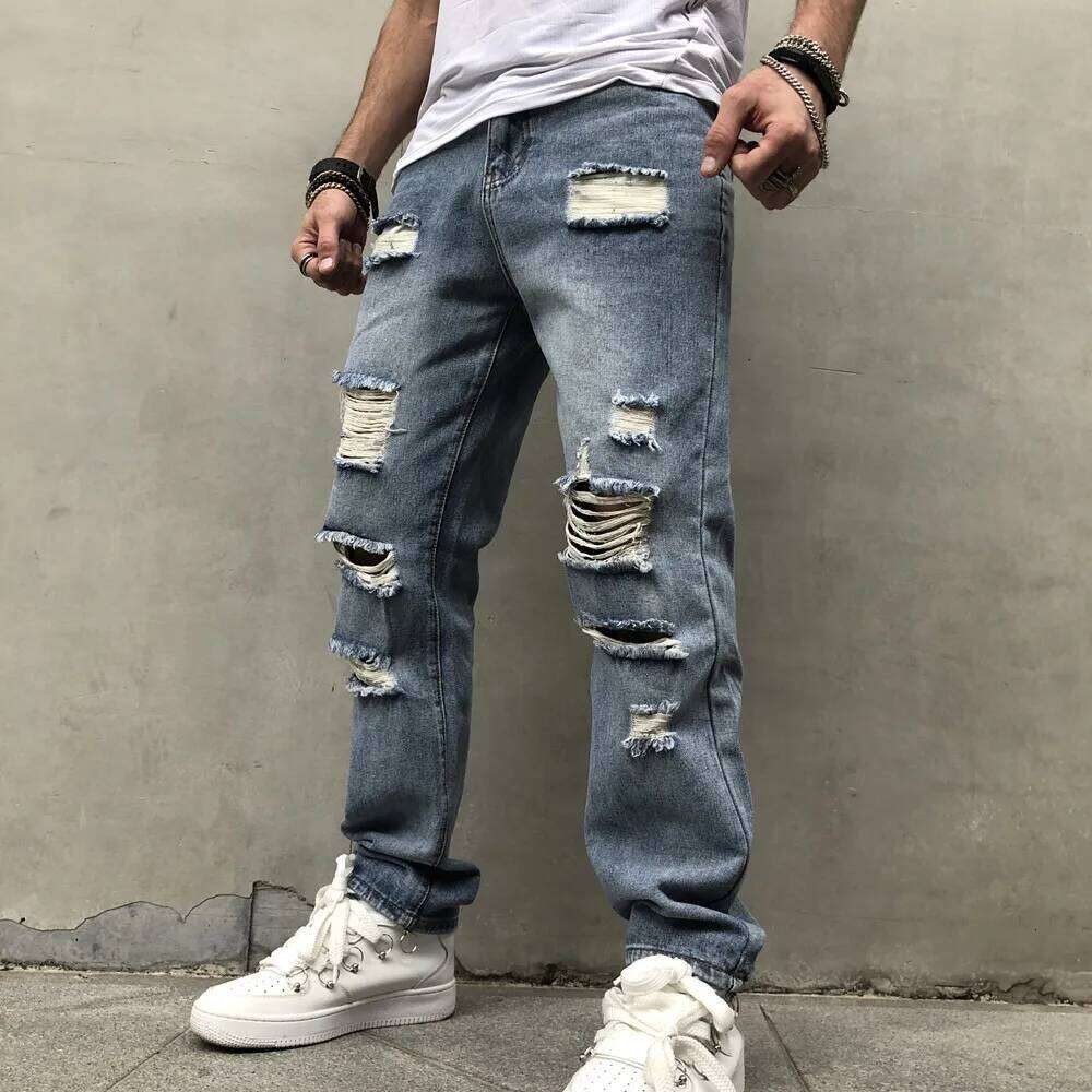 Stylish Simple Ripped Straight Loose Jeans For Men Casual Denim Pants Male Streetwear Trousers Z260225