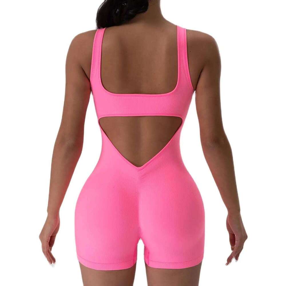 1PCS less Yoga Suit U Neck Sleeveless Sports Jumpsuit Solid Colour Threaded Stretch Women Bodysuit Without Bust Pads 26H0311