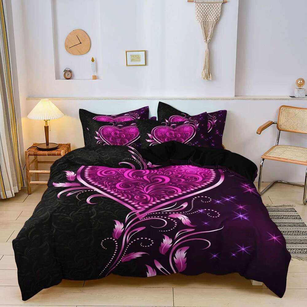 3pcs Valentine's Romantic Purple Heart Rose Floral Duvet Cover Set HD Print for Home & BedroomValentine's Day Gifts H260311