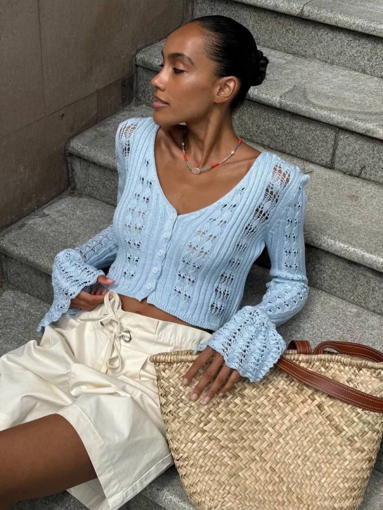 Knitwear Hollow Out Sweater Cardigan Women V-Neck Long Sleeve See Through Cropped Top Summer Knit Patchwork Cardigan Top R260311