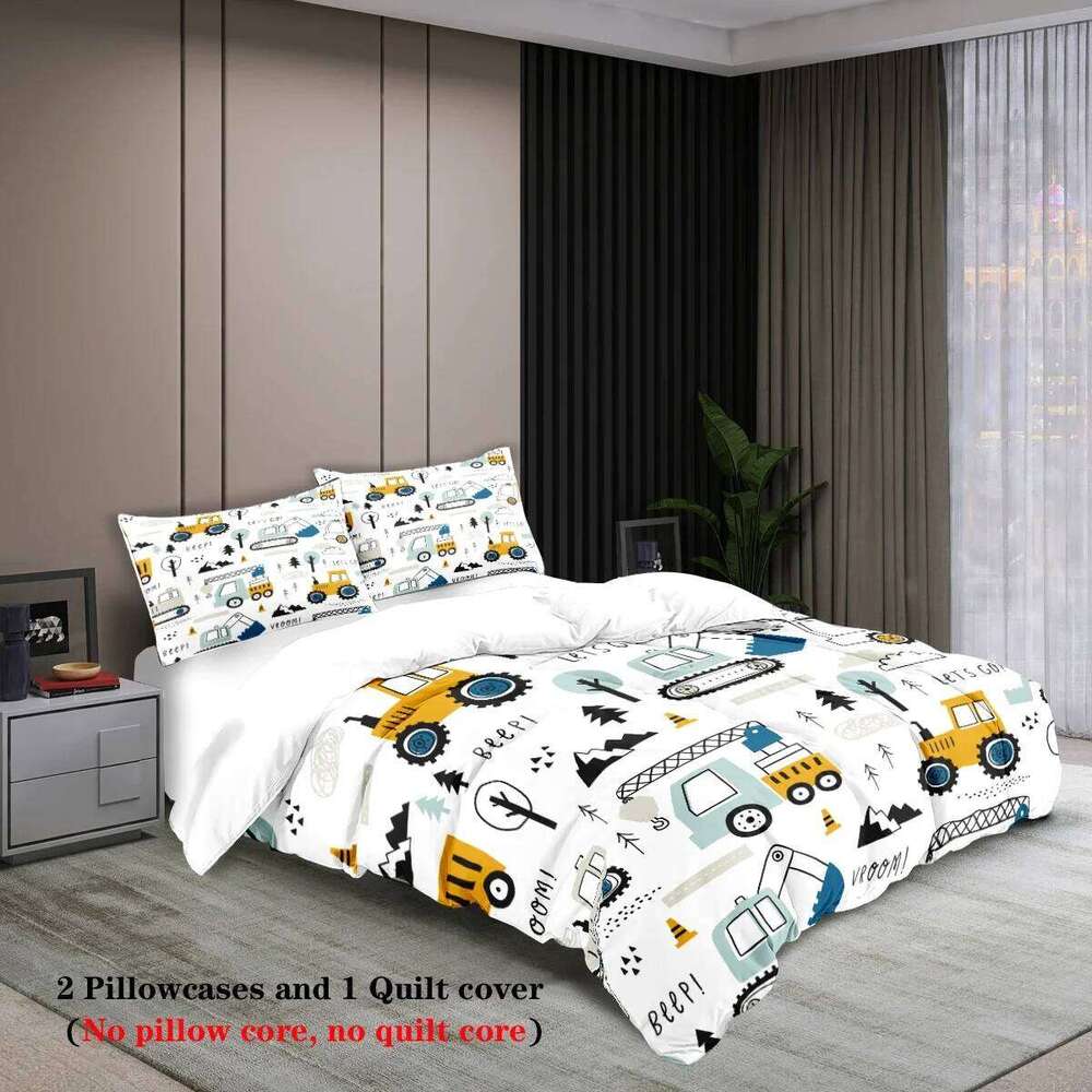Three-piece set 1 duvet cover + 2 pillowcases, coreless, cartoon engineering vehicle element print bedding set, multiple sizes H260311