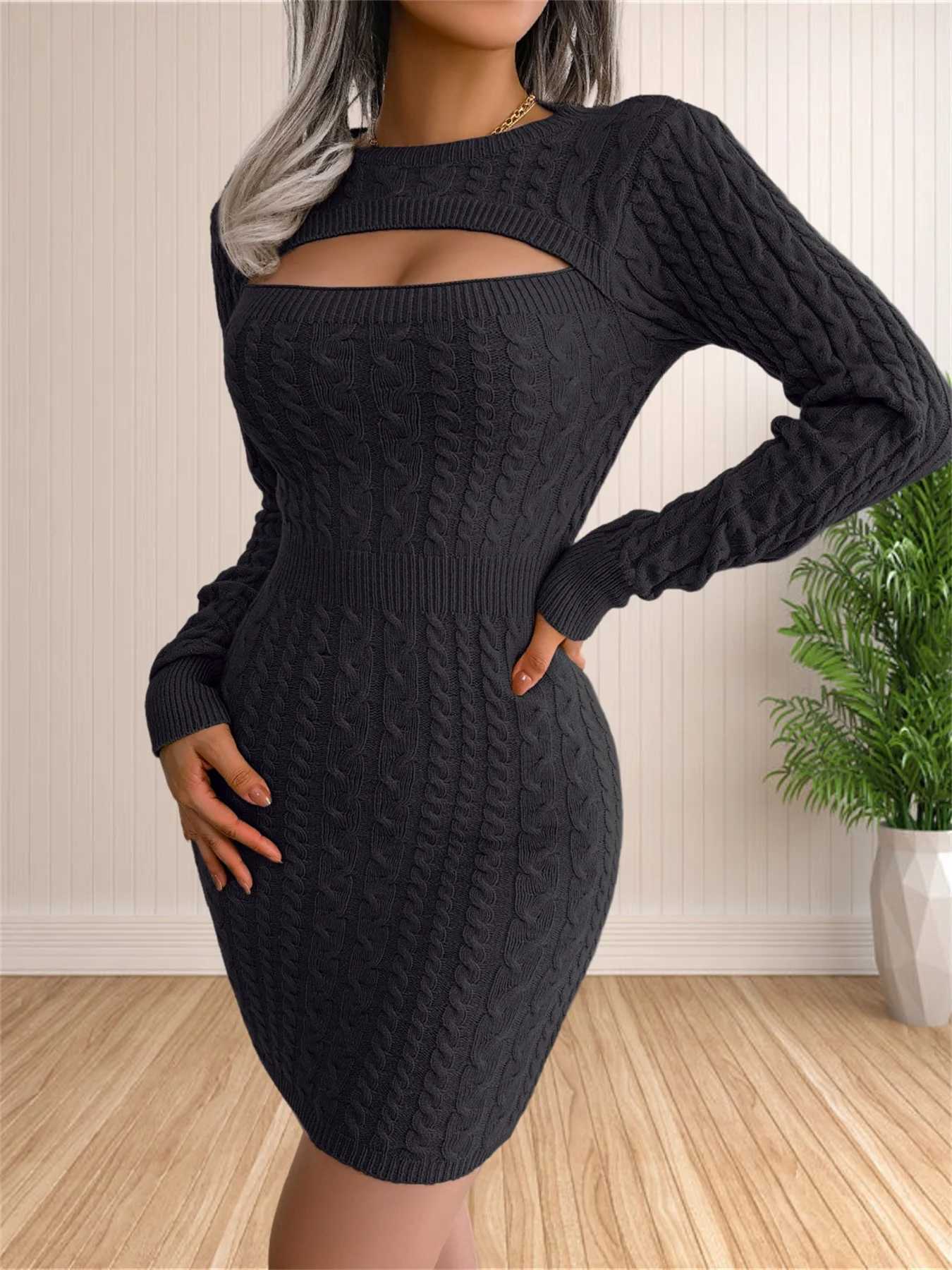 Womens Sexy Backless Cable Knit Sweater Dress Long Sleeve Bodycon Midi Dresses for Fall Winter M260311