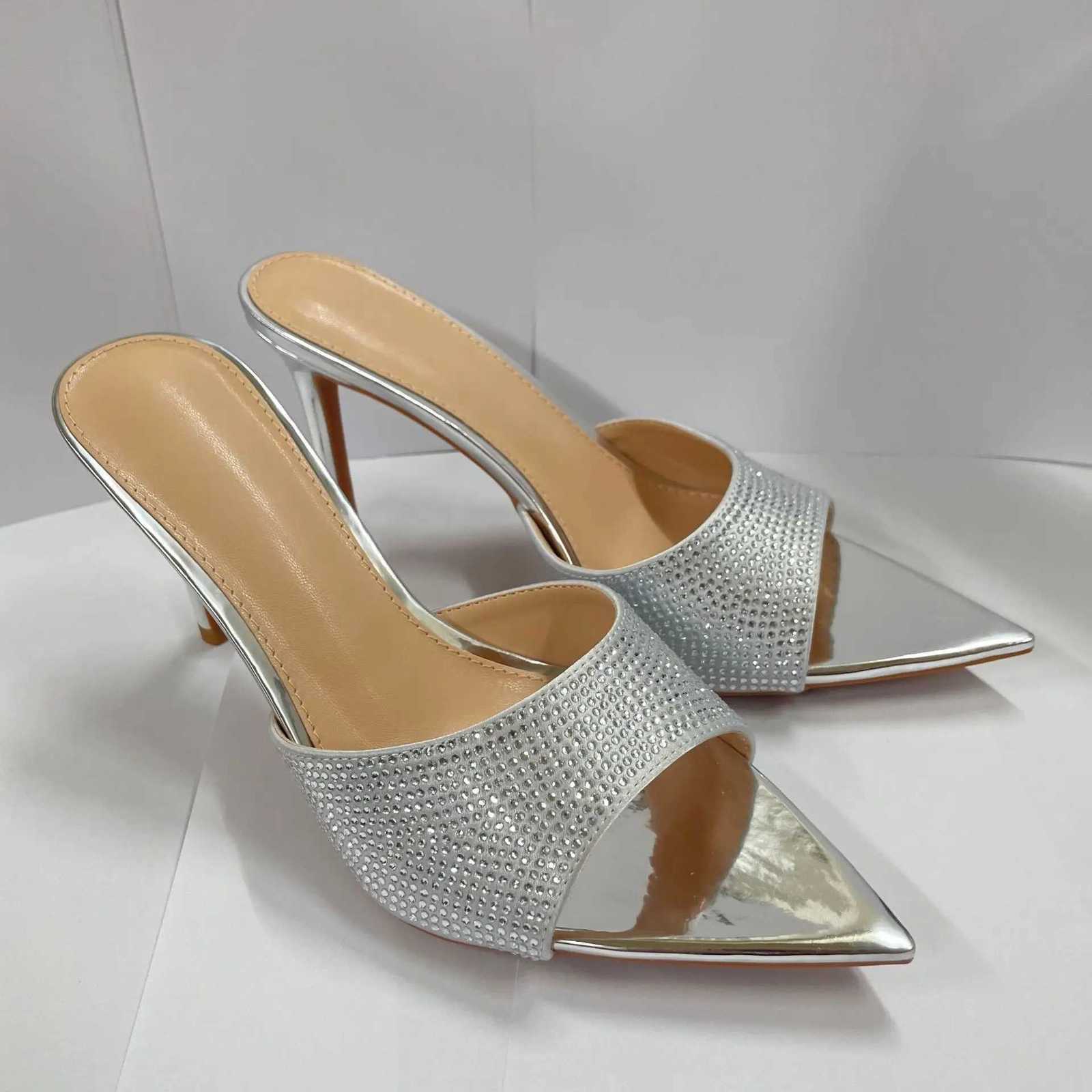 Womens Rhinestone Mules Pointed Toe Stiletto Heel Sparkly Slip On Sandals Elegant Evening Party Shoes Shiny Metallic Finish K260311