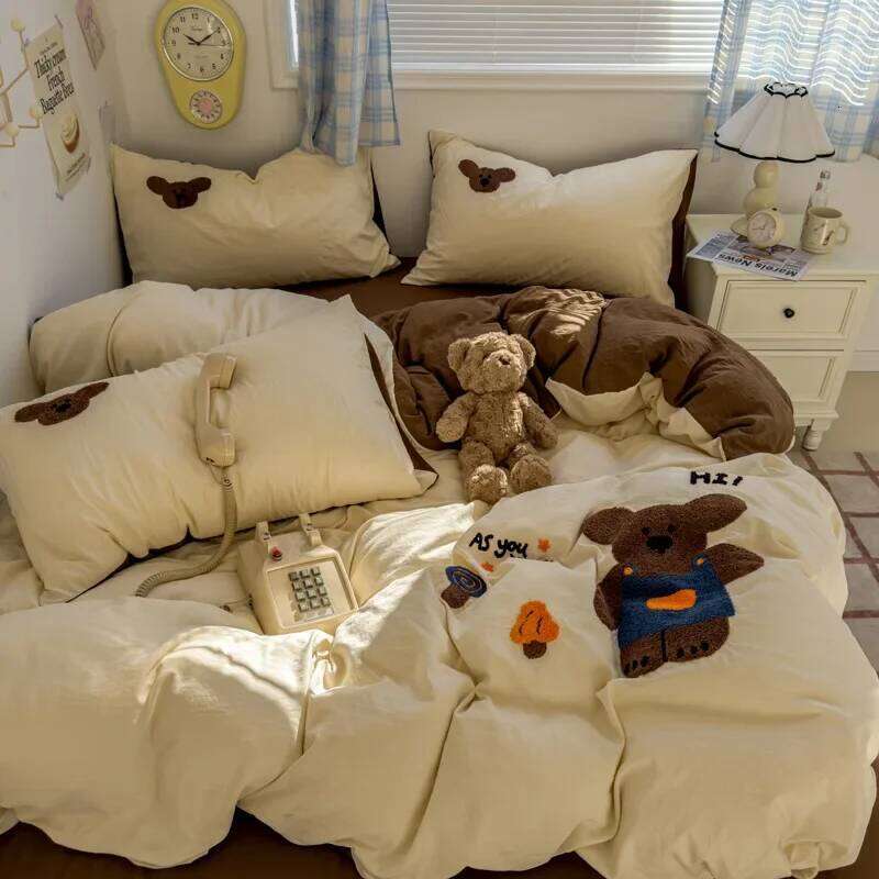 2025 new student cartoon washed cotton towel embroidered three or four-piece set bed sheet quilt cover mattress bedding H260311 - view 6