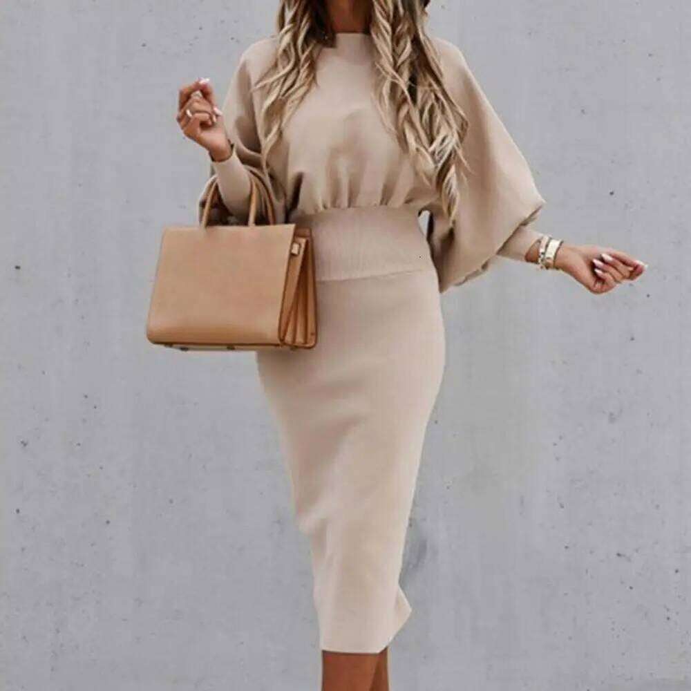 Crew Neck Elegant Lantern Sleeve High Waist Women Bodycorn Autumn Winter Office Ladies Midi Dress Z260311
