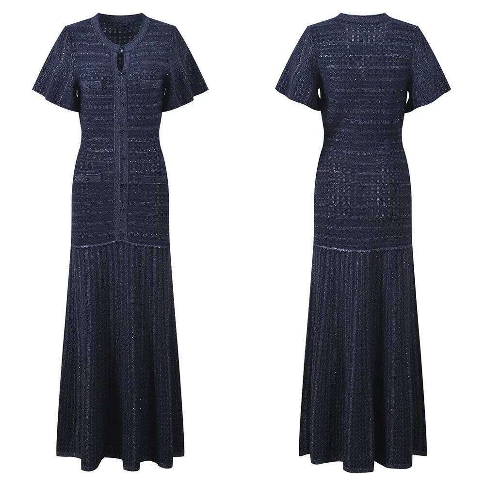 Long Waist-Cinching Sequin Dress Elegant French Style 2026 New Navy Blue Fit Dresses Women Party Round Neck Short-Sleeved Gown Mdng260311