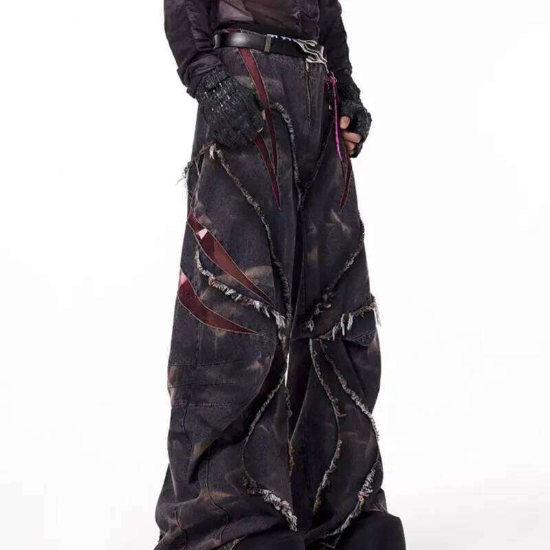 Mens Jeans Harajuku American Vintage Streetwear Patchwork Curved Wide Leg Denim Pants New Chinese Style Loose Fit Blue Casual Z260225