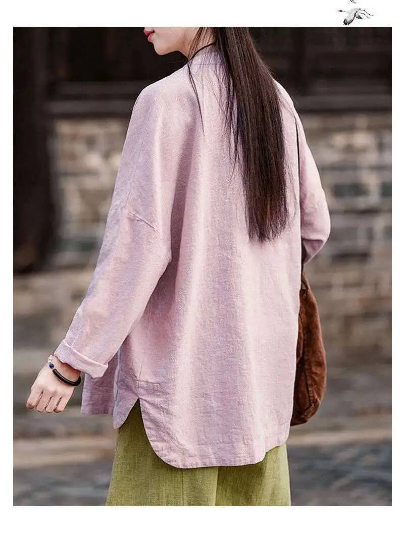 Retro Chinese Artistic Long Sve irt Women's Cotton Linen Autumn Spring Stand Collar Button up Cardigan Casual Loose Fit