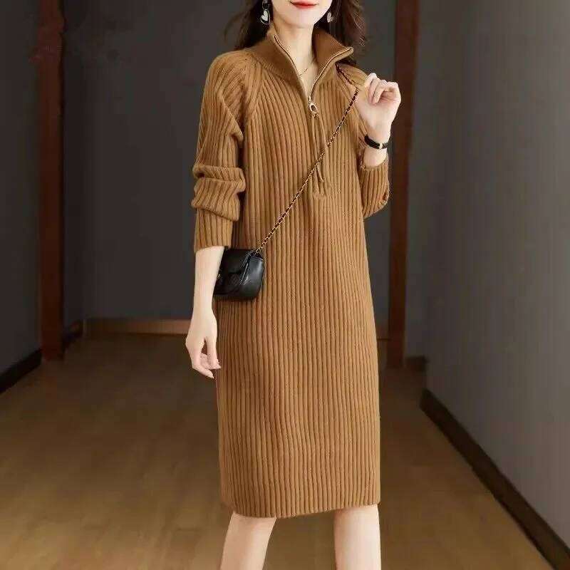 2024 Autumn/Winter New Large Knitted Medium length Half Zipper Solid color Loose Casual Long Sleeve Dress Women's Trendy Z260311