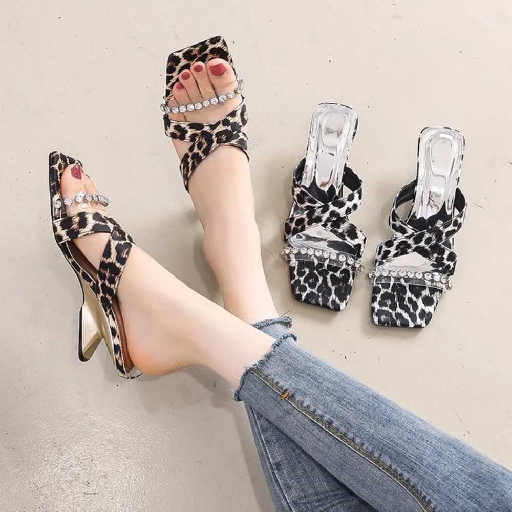 Leopard High Heels Shoes Women Sandals Party Pointed Toe Dress Shoes Summer Slippers 2025 Designer Mules New Female Pumps Slides K260311