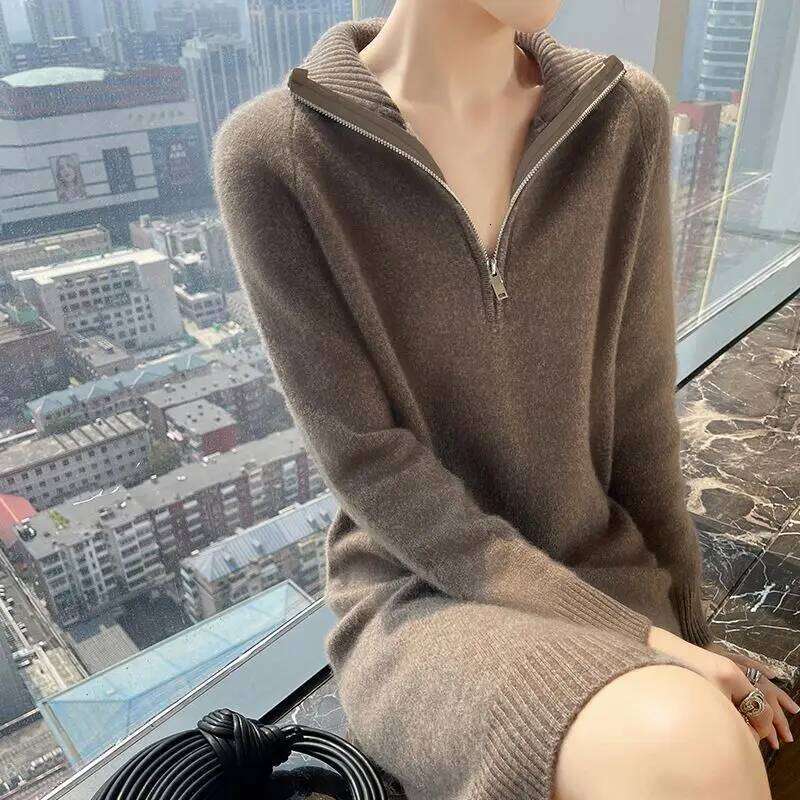 Fall/winter 100% Wool Dress Women's Long Semi-zipper Long-sleeved Knitted Cashmere Bottoming Sweater Skirt Z260311