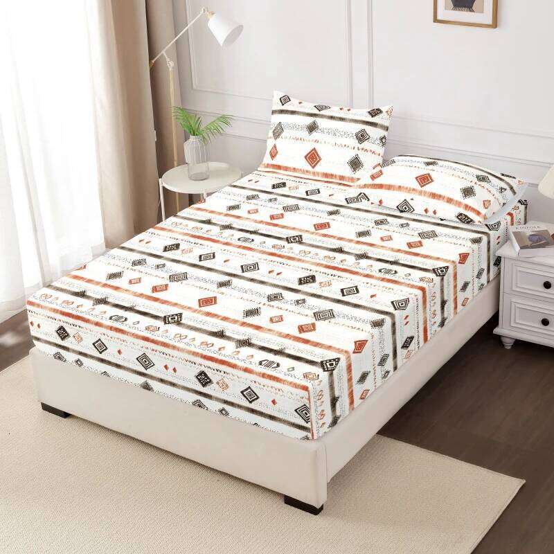 3pcs Polyester Printed Frosted Fitted Sheet Bed Set King Size Home Grid Mattress Cover And Pillowcase H260311 - view 3