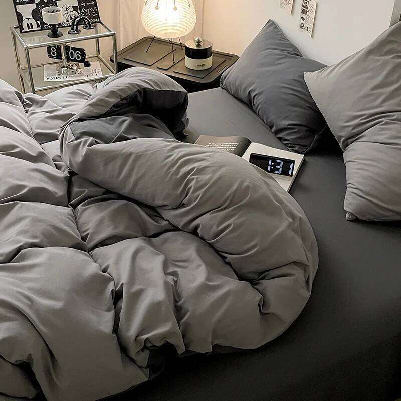 Duvet Cover Linen Sleeping Plain Four-piece Small Fresh Solid Color Washed Cotton Sheet Quilt Bed Three-piece Set H260311