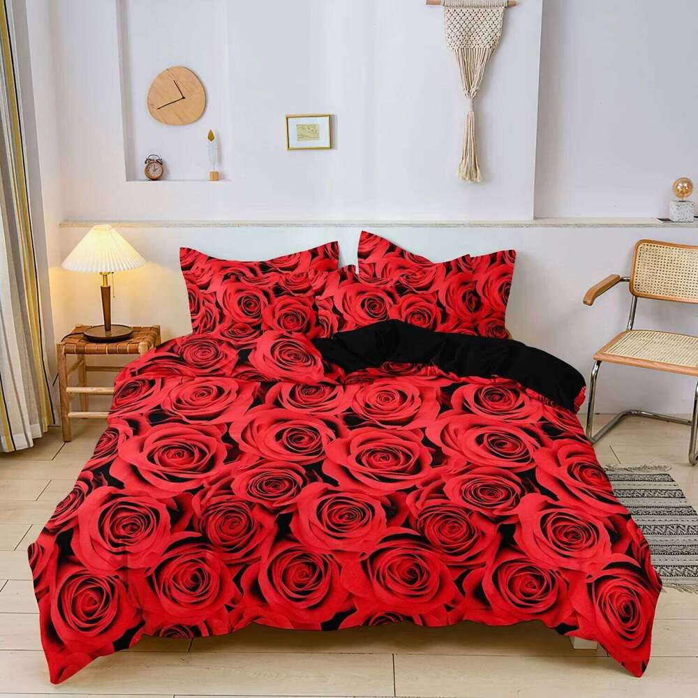 3pcs Valentine'S Rose Sea Comforter Cover Set - Vibrant Red Roses Pattern Bedding with Zipper Closure, Valentine's Day Gift H260311