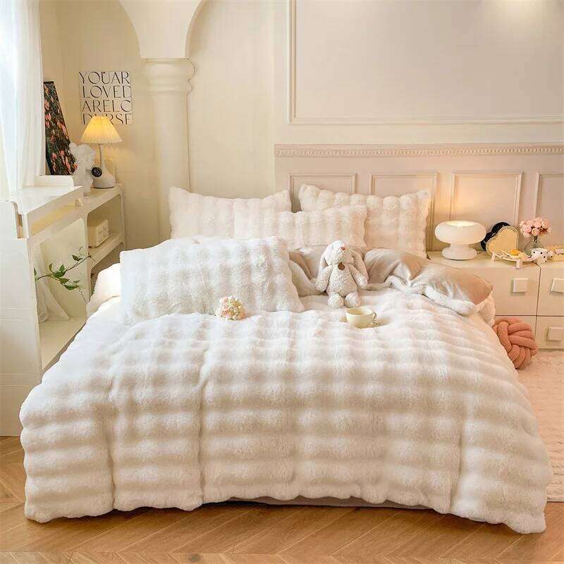 4Pcs Faux Rabbit Fur Blankets for Beds Winter Fluffy Plush Throw Blanket Bedroom Sofa Cover Pillowcase Cozy&Soft Bedding H260311 - view 5