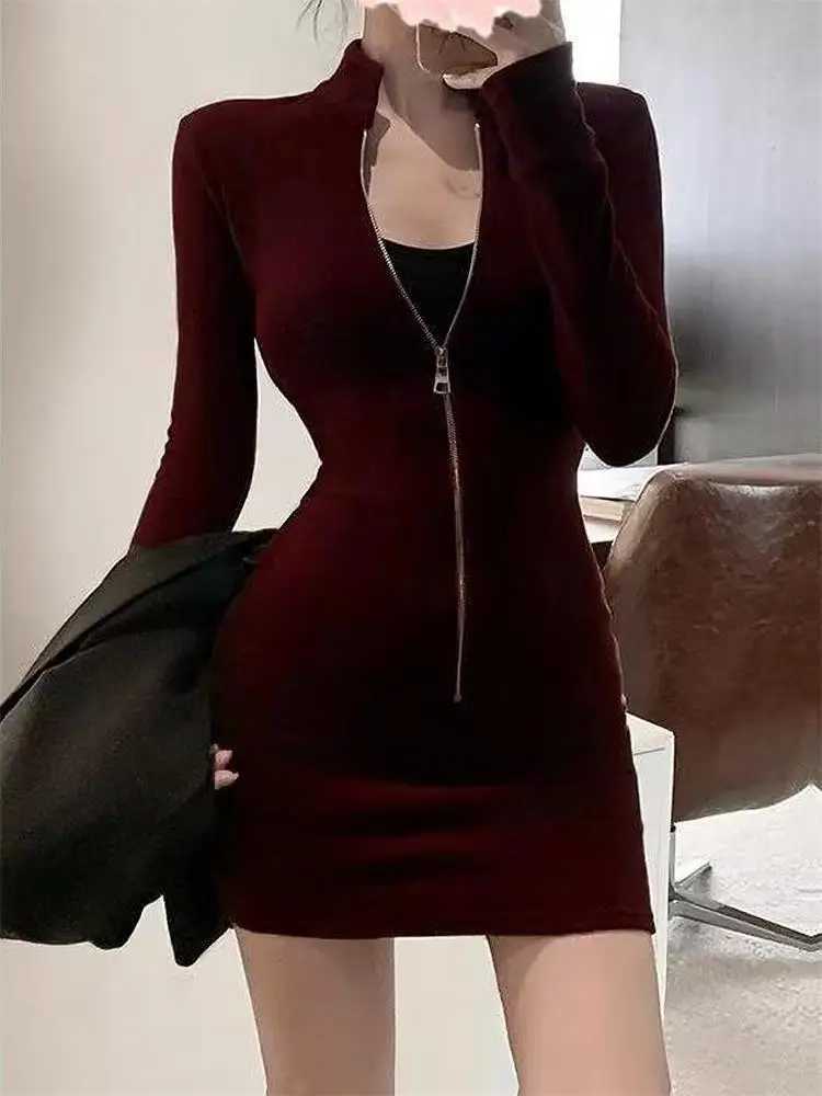 Long Sleeve Zipper Bodycon Dress Women Turtleneck Sexy Mini Dresses Autumn Black Skinny Stretchy Party Vestidos M260311