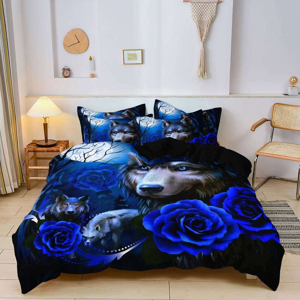 3pcs Set, Valentine'S Day Romantic Wolf & Rose Print Duvet Cover Soft Comfortable Bedding Set for Home Bedroom H260311