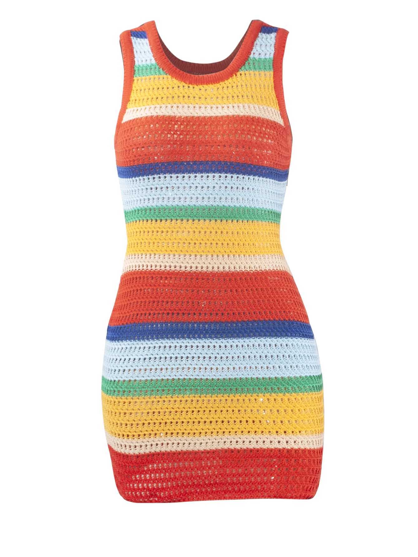 Women Panelled Striped Knitted Hollow Out Mini Dress Casual Tank Sleeveless Bodycon Hot Streetwear Outfit M260311