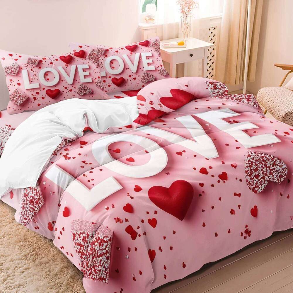 3pcs Valentine'S Day Romantic Rose Love Letter Pattern Bedding Set, Soft And Comfortable Duvet Cover Bedroom H260311