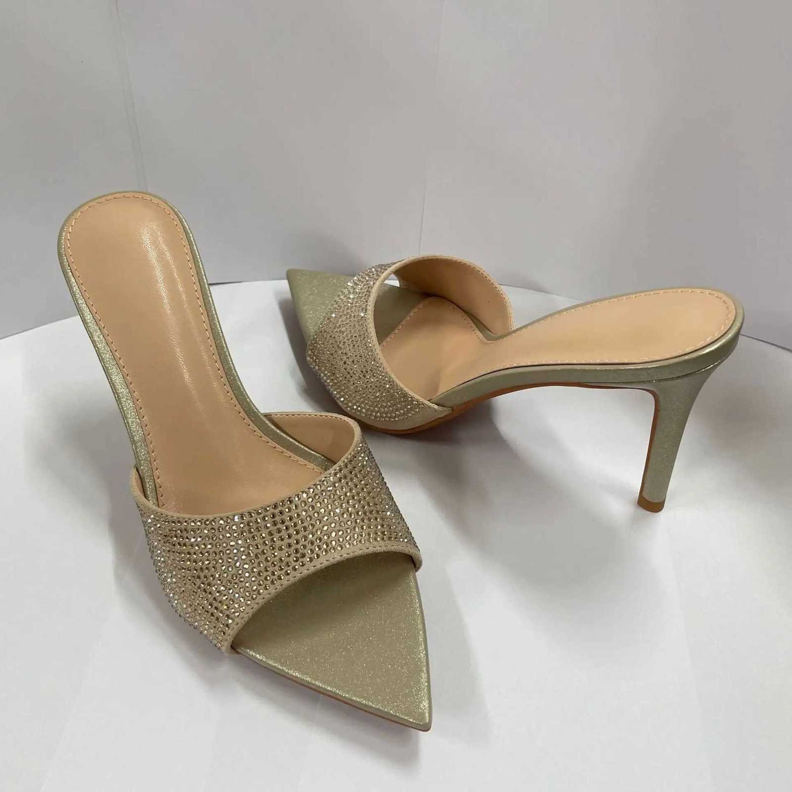 Womens Rhinestone Mules Pointed Toe Stiletto Heel Sparkly Slip On Sandals Elegant Evening Party Shoes Shiny Metallic Finish K260311
