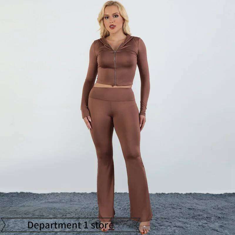 Sexydr Faionable Long Sve Hooded Top Flared Pants Zipper Closure Outfit Polyester Material Spring 2025 Collection 26H0311