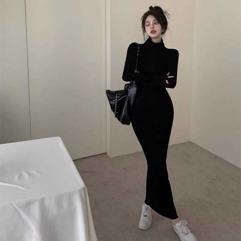 Sexy Black Turtleneck Knitted Bodycon Dress Women Long Sleeve Sweater Dress Woman Korean Bottoming Long Dresses Office Lady M260311