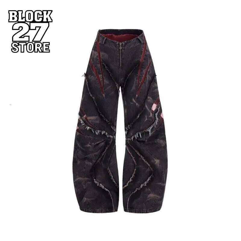 Mens Jeans Harajuku American Vintage Streetwear Patchwork Curved Wide Leg Denim Pants New Chinese Style Loose Fit Blue Casual Z260225