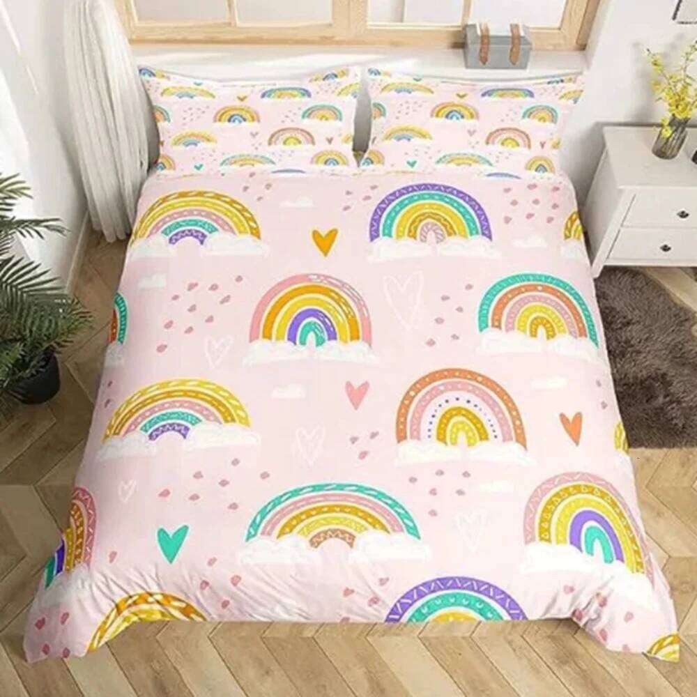 Double Set for Girl Pink Yellow Rainbow Star Duvet Cover Women Kids Bedroom Decor H260311
