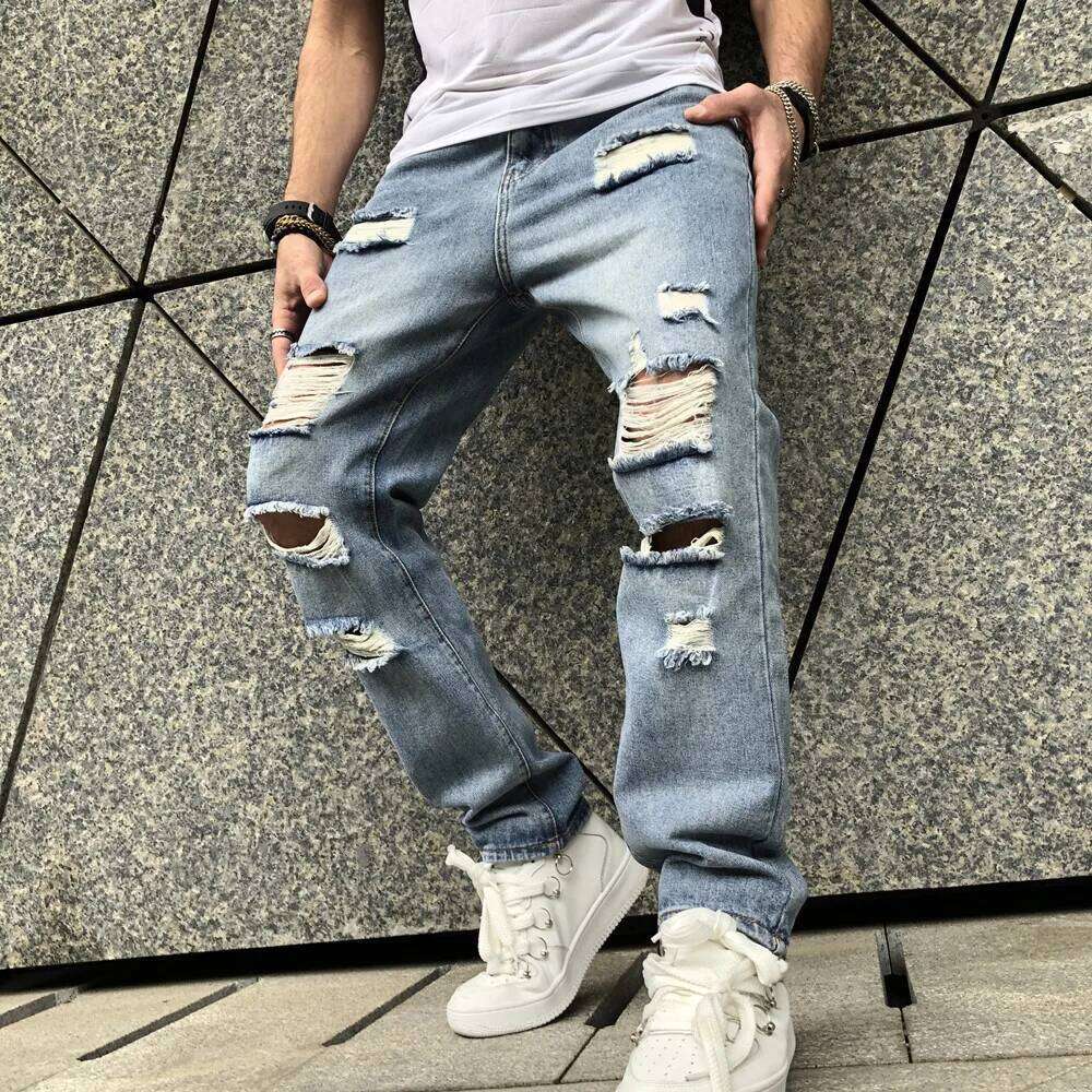 Stylish Simple Ripped Straight Loose Jeans For Men Casual Denim Pants Male Streetwear Trousers Z260225