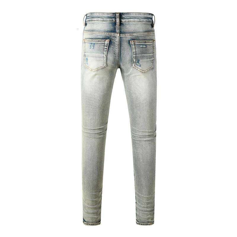 Fashionable new light blue jeans pleats, washed with water, nostalgic perforation patch, men's jeans, high street des Z260225