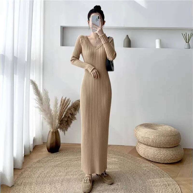 V-neck Knitted Dress Women's Autumn Winter New Slim Hip Bottoming Shirt Over-the-knee Sweater Long Skirt Z260311