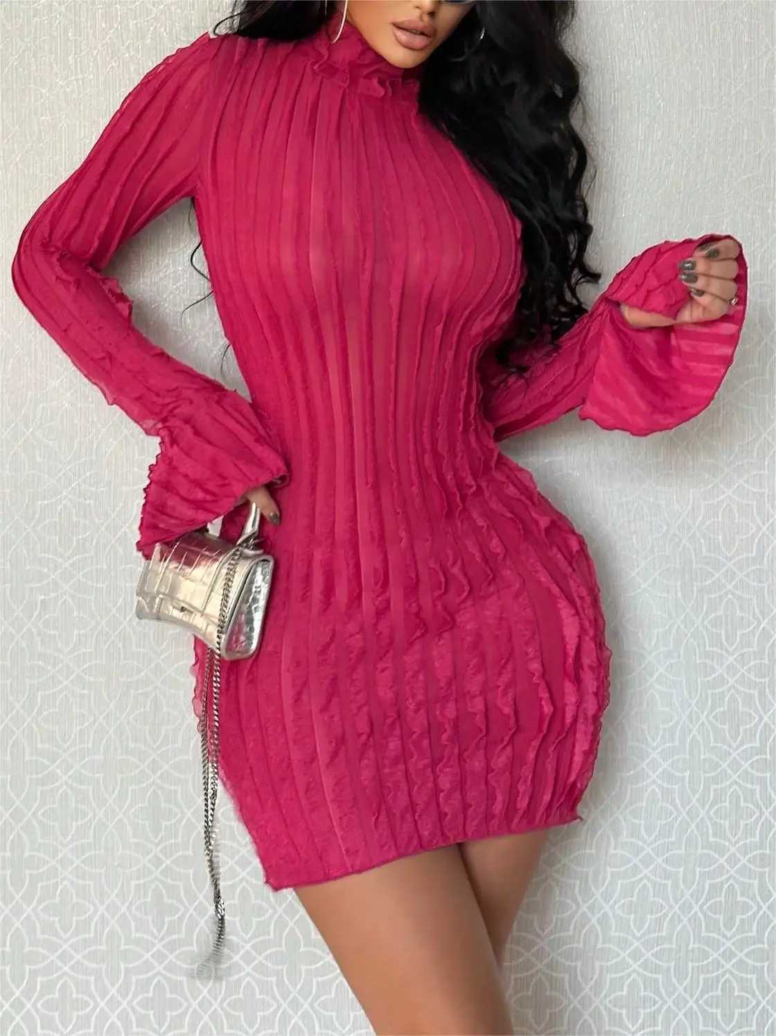 Spring/summer 2024 new style open slit bell-sleeve high collar pure color temperament elegant dress slim sexy hip skirt M260311