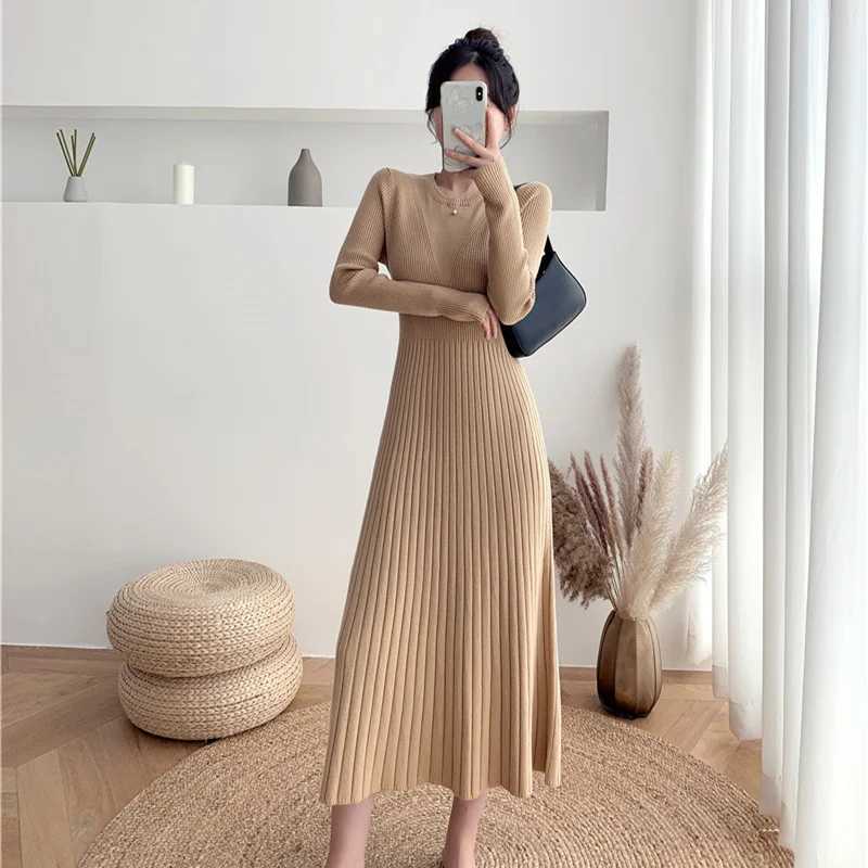 New Autumn Winter O-neck long sleeve knitted Dress French Style high waist solid slim mid-length A-line sweater Dress M260311