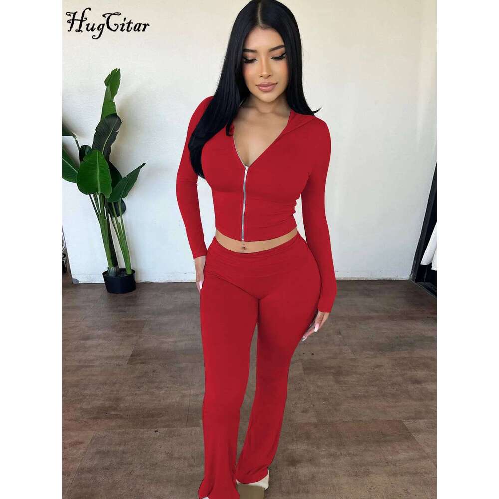 Hugcitar 2024 Casual 2 Pcs Sets Solid Hoodies Long Sleeve Zipper Crop Top Flare Pants Women Fashion Outfits Vacation Sport Gym 26H0311