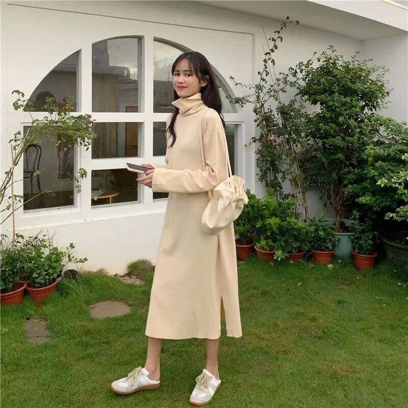 Smvp Fall Winter Turtleneck Women Basic Solid Casual Loose Long Sleeve Dresses Female Streetwear Side Split Dress Z260311