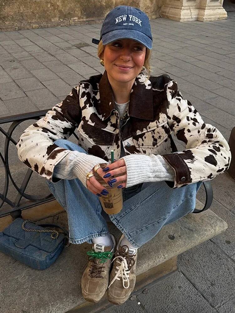 2026 Spring Commute Street Coat Casual Women Lapel Jacket Female Cow Print Long Sleeve Single Breasted Short Length Outerwear