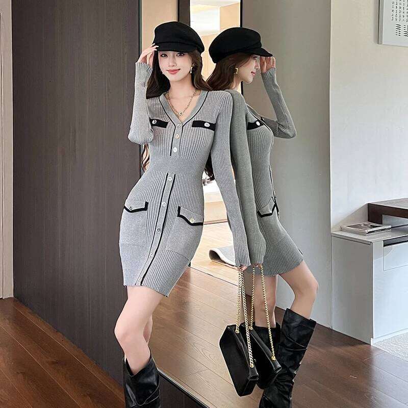Korean Autumn Winter Grey Patchwork V Neck Elegant Short Women Button Long Sleeve Holiday Wrap Hip Knitted Mini Dress 2025 Z260311