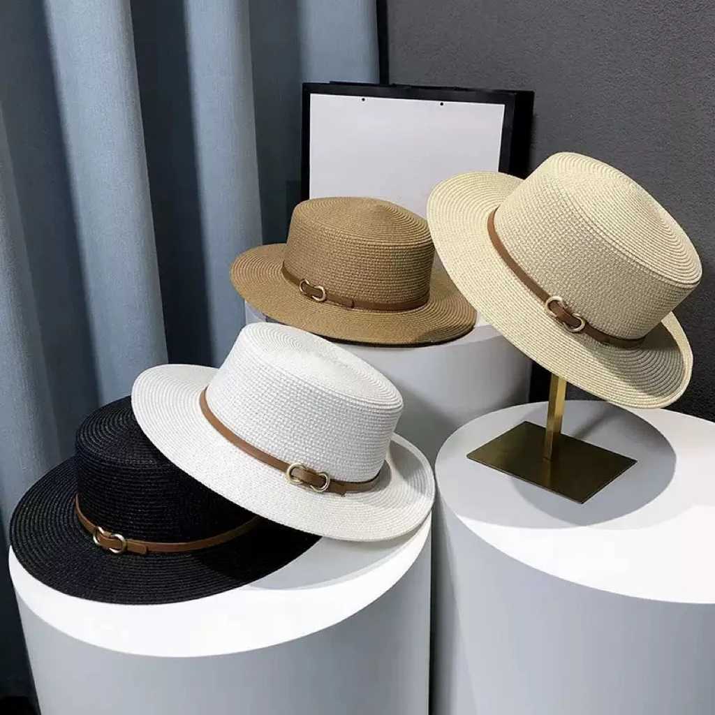 French Style Straw Sun Hat Wens Summer Flat Top Brim Adjustable UPF50 Beach Vacation Sun Protection Hat X260311