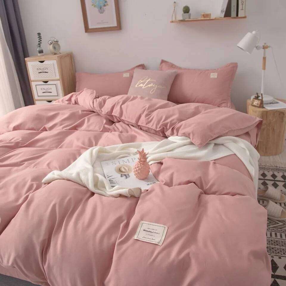 Simple Japanese Solid Color Pink Bedding Set Cover Twin Full Queen Linen Girl Women Polyester Bed Flat Sheet Pillowcase H260311