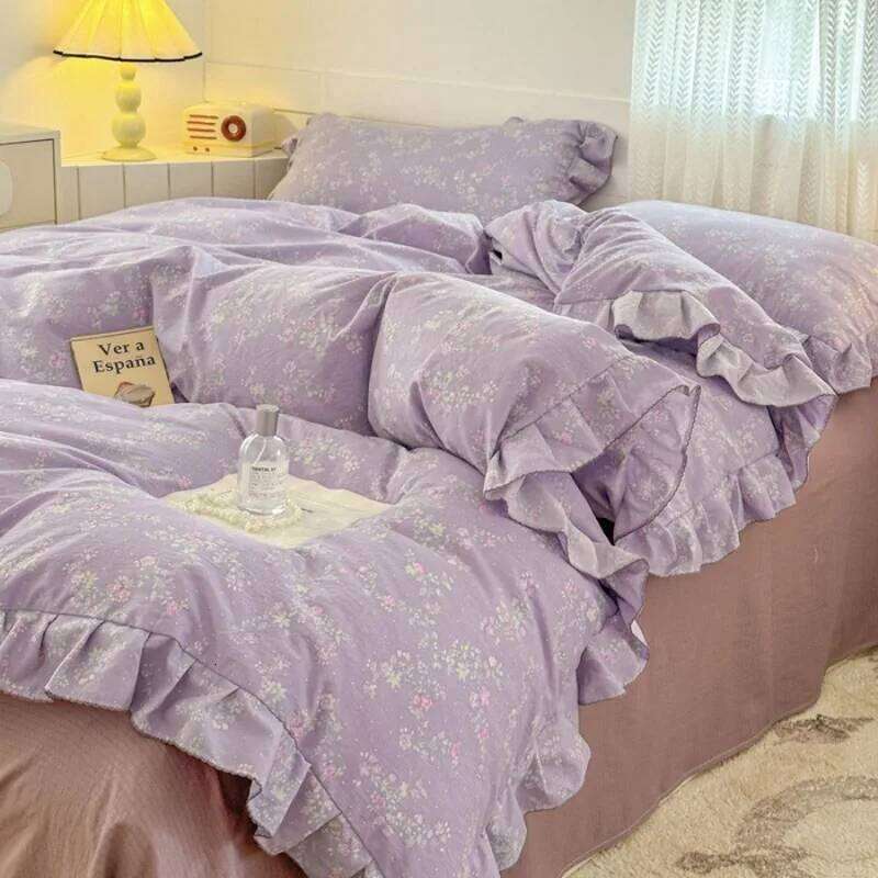 New Gentle floral aerobic knitted with lace double layered yarn duvet cover washed cotton bed sheet 3 piece set H260311
