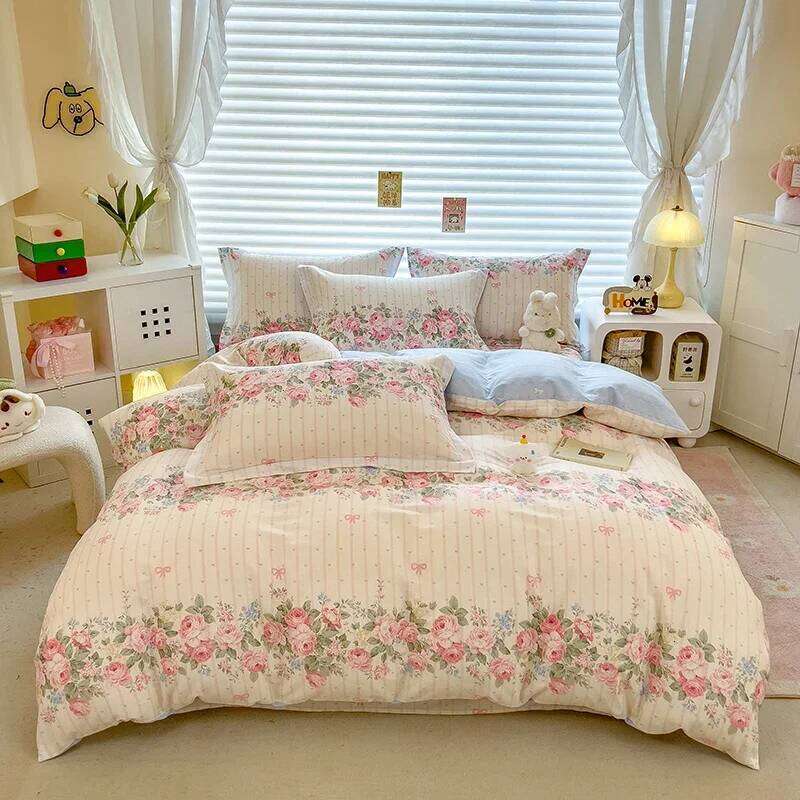 Elegant Floral Cotton Duvet Cover Set Watercolor Flowers Striped Pattern Comforter Covers 3 Pieces Soft Breathable Bedding Sets H260311