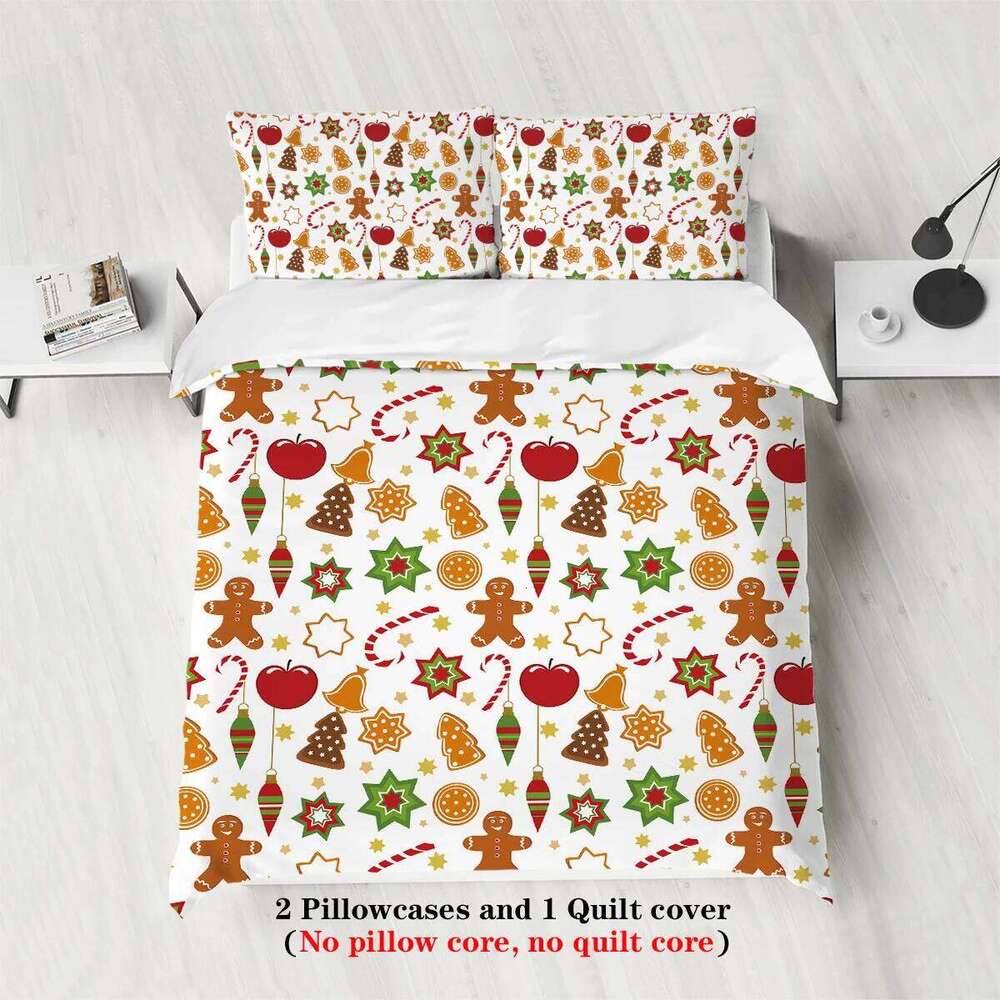 3-piece Christmas Cute Gingerbread Man Pattern Print 1 duvet cover+2 pillowcases, no core Comfortable Bedding Set H260311