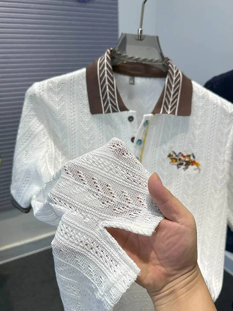 Design Brand Luxury Polo Shirt Hollow Jacquard Horse Embroidery Knitted Short Sleeve T-Shirt Summer Fashion Men's Clothing