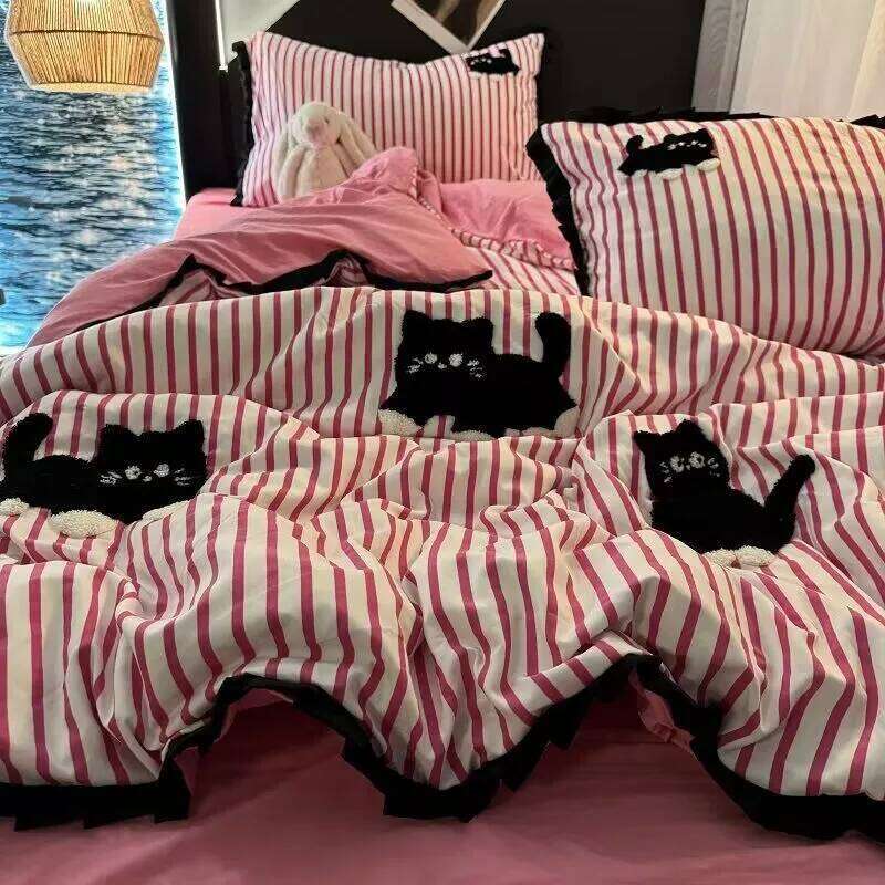 Summer Green Striped Hot Sale Black Cat Four-Piece Set Embroidered Washed Cotton Quilt Cover Bed Sheet People H260311