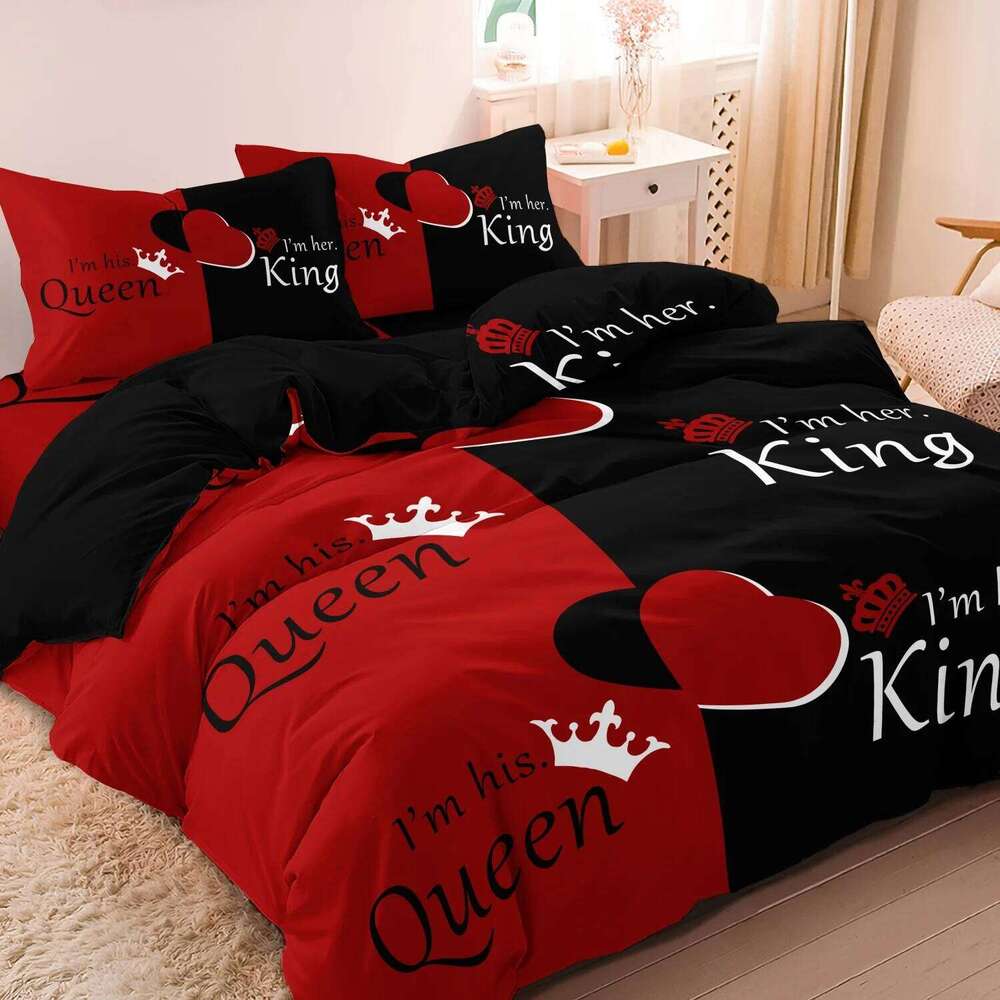 Dark Red And Black Three-Piece Bedding Set with Queen & King Size Featuring Printed English Letters on The Duvet Cover H260311