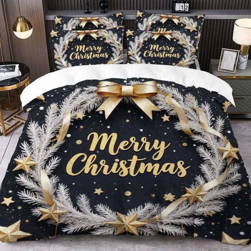 Prints Duvet Pillowcases Set Claus Reindeer Sleigh Christmas Tree Santa Hat Snowflake Pattern Quilt Cover H260311
