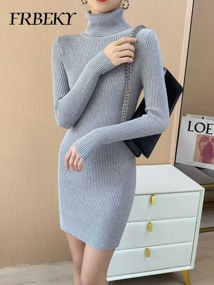 Autumn New Korean Turtleneck Knitted Dress Pure Color Bodycon Sweater Dress Office Lady Pullover Casual Elegant Knitwear Jumper M260311