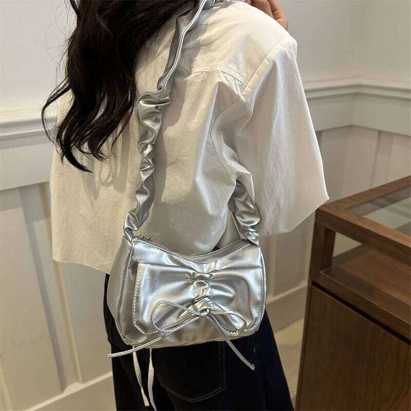 Soft PU Leather Women's Small Shoulder Bags Simple Ruched Design Ladies Underarm Bag Solid Color Bowknot Fashion Purse Handbags XJ260311