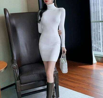 Elegant Turtleneck Long Sleeve Knit Bodycon Pencil Dress Slim Basic Fashion Sweater Vestido Sexy Women Autumn Winter Clothing Z260311