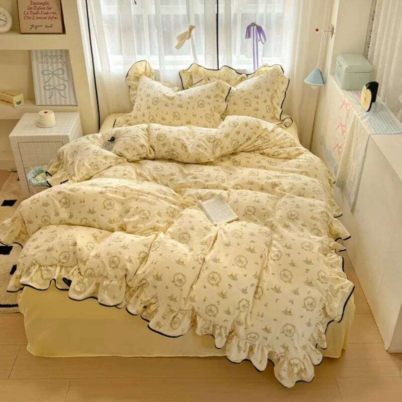 2025 new cream lace girl powder grid Korean version bed four-piece set washed cotton double-layer yarn quilt cover dormitory H260311